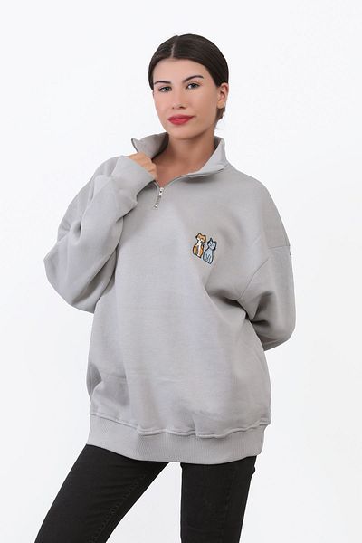 GİYSA Hanorac supradimensionat gri - Broderie de cuplu de pisici, guler vertical, coastă cu jumătate de fermoar - 10003