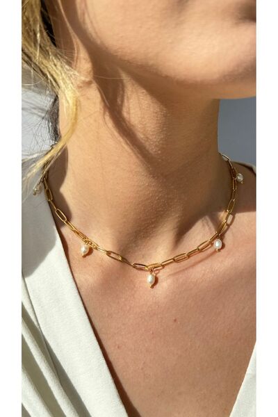 jewine studio Sertifikalı Gerçek İncili Ataç Zincir Model Charm Çelik Kolye