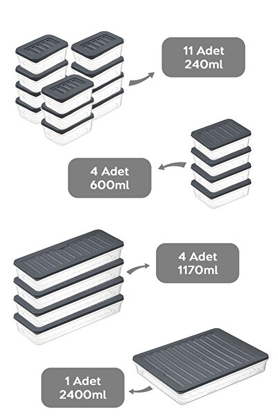 Meleni Home 20 Pieces Microwave Compatible Organizer - Anthracite Storage Container 1X2400Ml 4X1170Ml 4X600Ml 11X240Ml