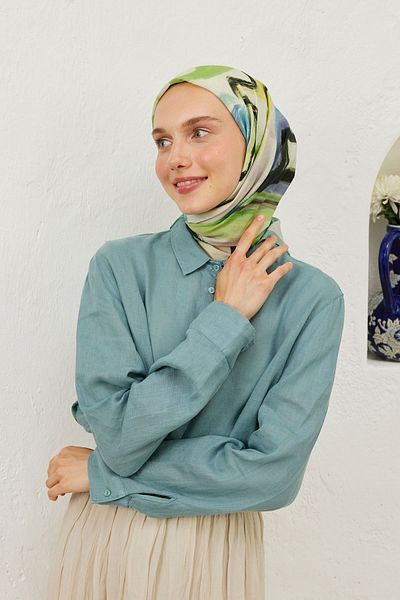 Fresh Colour Waves Pattern Cotton Vual Scarf Mint