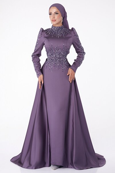 TOFİSA فستان سهرة الأميرة ذو الياقة المستقيمة باللون الأرجواني للنساء - 26254