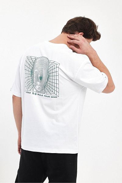 THE RULE Tricou largi pentru bărbați Rule Your Mind, cu imprimeu pe spate, 100% bumbac, cu croială largă, cu decolteu rotund