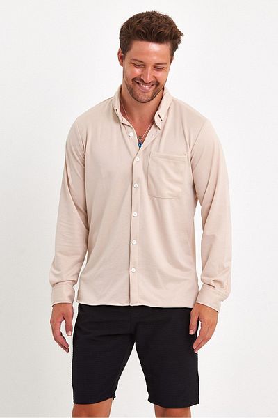 THE RULE Men's Beige Regular Fit Shirt Textured Shirt with Collar Pocket