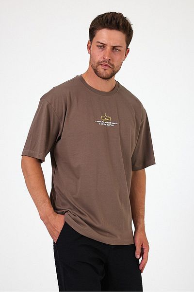 THE RULE Men's I Swear Printed Oversize 100% Cotton Loose Wide Cut Crew Neck Soft Textured Brown T-Shirt