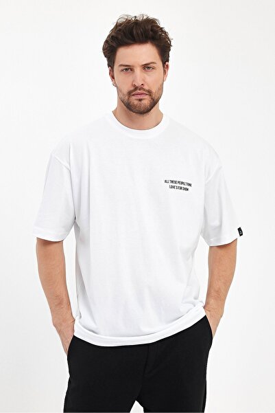 THE RULE Ανδρικό μπλουζάκι Love's For Show με στάμπα, 100% βαμβακερό, φαρδύ, φαρδύ και φαρδύ λαιμόκοψη, φαρδύ λευκό μπλουζάκι