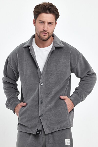 THE RULE Ανδρική ζακέτα από φλις Ice Grey - oversized , Ανθεκτική στο κρύο, Πουκάμισο γιακά, Φαρδιά εφαρμογή RF0312