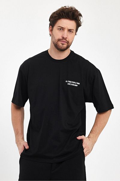 THE RULE Ανδρικό μπλουζάκι Love's For Show με στάμπα Oversize 100% βαμβακερό φαρδύ φαρδύ κομμένο λαιμόκοψη φαρδύ μαύρο μπλουζάκι
