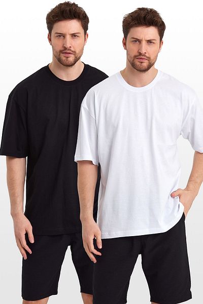 THE RULE Ανδρικό μαύρο λευκό Oversize Crew Neck 100% βαμβακερό πακέτο με 2 μπλουζάκια