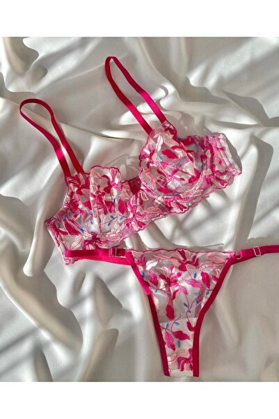 Serina Atelier Fuşya Çiçekli Dantelli Kadın Bralet Takım (SÜTYEN&TANGA)