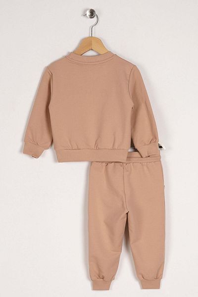 zepkids Crew Neck Long Sleeve Hooray Printed Beige Color Boy's Two Piece Set