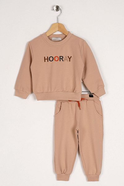 zepkids Crew Neck Long Sleeve Hooray Printed Beige Color Boy's Two Piece Set