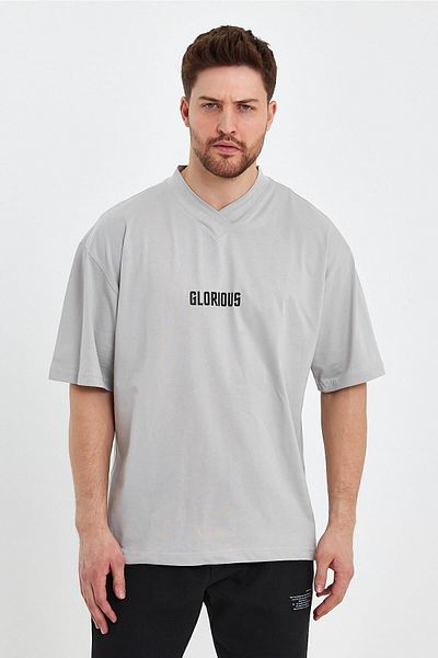 THE RULE Ανδρικό γιακά με λεπτομέρειες Oversize 100% βαμβακερό φαρδύ φαρδύ κομμένο λαιμόκοψη με απαλή υφή Ice Grey T-shirt