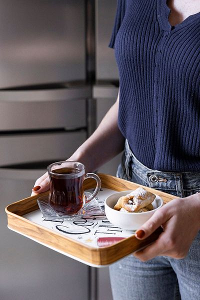 Arma House Coffee Time Patterned Decorative Wooden Edged Metal Presentation Tray 25x25 Cm