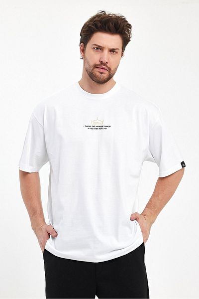 THE RULE Ανδρικό I Swear Printed Oversize 100% βαμβακερό φαρδύ φαρδύ λαιμόκοψη με απαλή υφή λευκό μπλουζάκι