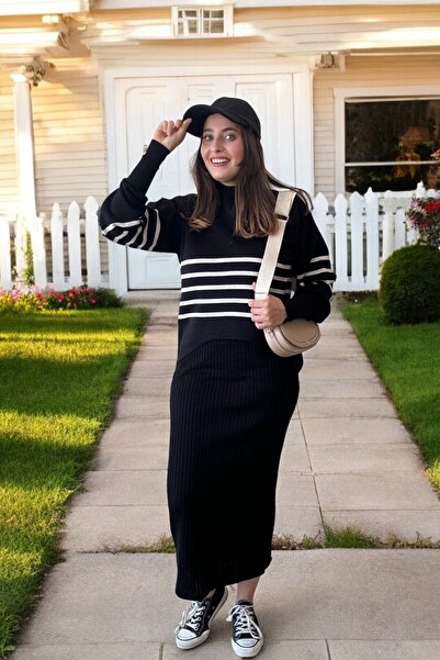 Entropy Yatay Çizgili Fileli Triko  Takım  -  Siyah