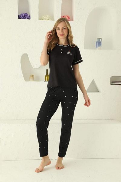 Lunaberry Zestre, mânecă scurtă de vară, lycra, brodat, tubulat, guler frontal 3 nasturi, set de pijamale pentru femei