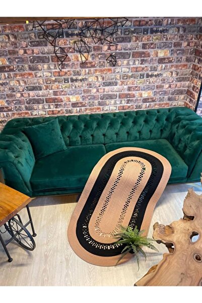 TurQhouse Dekoratif Jüt Hasır El Örgüsü Halı Kilim Oval-kahve-siyah