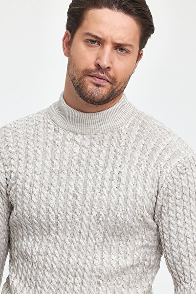 THE RULE Men's Beige Half Turtleneck Hair Knit Patterned Non-Pilling Regular Fit Knitwear Sweater