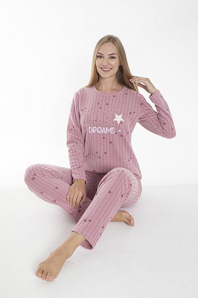 Estiva Women's Winter Star Patterned Ribbed Fleece Pajama Set Pink
