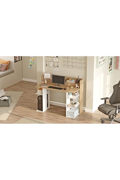 Yurudesign Vader Çalışma Masası Bilgisayar Masası Raflı Sepet-Beyaz VR1-SW