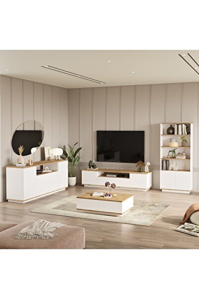 Yurudesign Future Tv Ünitesi Orta Sehpa Konsol Kitaplık 4'lü Set Çam-beyaz Fr...