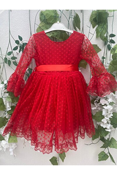 Butik Puantiyel Tül Tokalı Çocuk Elbise