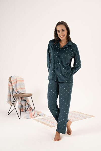 Estiva Σετ χειμερινής πιτζάμα με βελούδινα πουά - Κουμπιά μπροστά, χρώμα πετρέλαιο