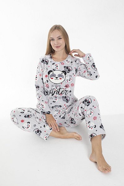 Estiva White Panda Patterned Ribbed Women's Fleece Pajama Set