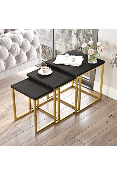 Yurudesign Voyage 3'lü Gold Metal Zigon Sehpa Siyah Vg7-lb