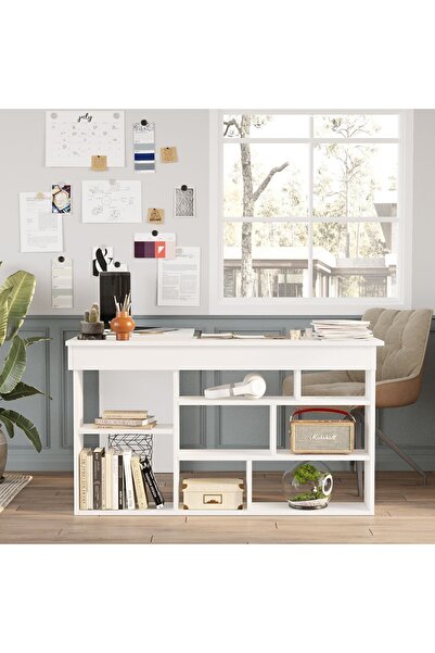 Yurudesign Tywin Kitaplık Raflı Çalışma Masası Beyaz