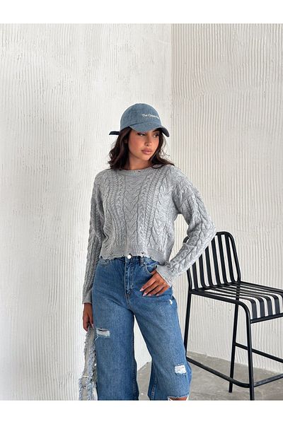 mekabutik Pulover crop gri cu detaliu rupt