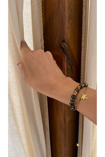 jewine studio Real Tiger Eye and Steel Chain Double Design Bracelet