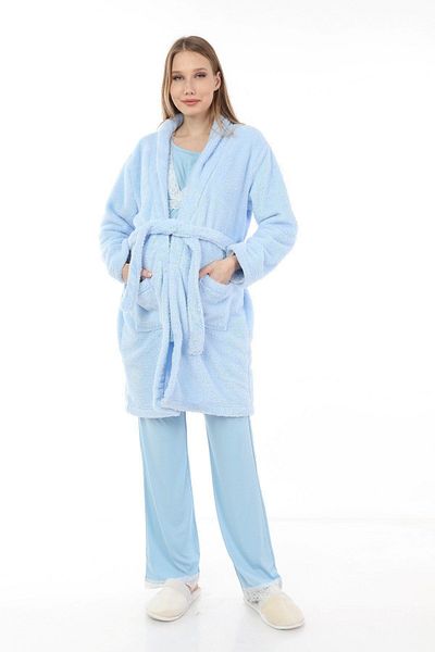 Luvmabelly Set pijama de maternitate Myra9701 cu halat de pluș - albastru