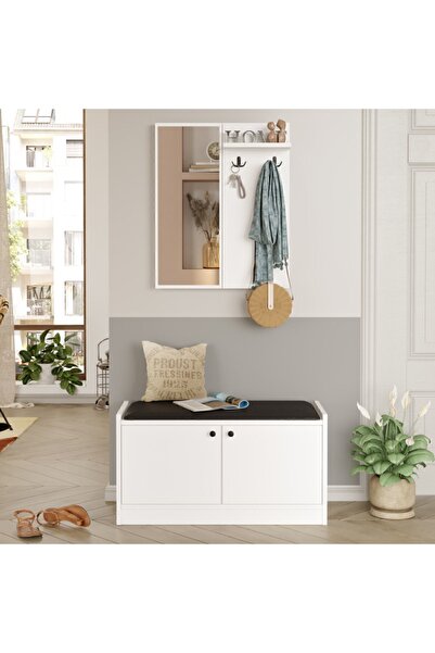 Yurudesign Lessi Aynalı Minderli Ayakkabılık Vestiyer Portmanto Beyaz Ls1-w