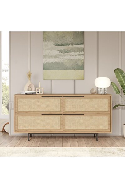 Yurudesign Ocean Konsol 4 Kapaklı Metal Ayaklı Uv Baskı 160cm Sepet-jüt On3-su