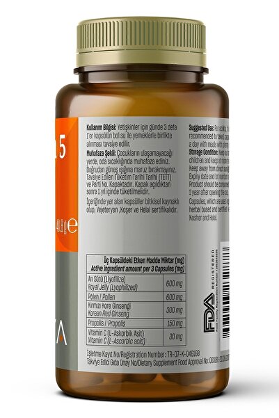Talya Vitamin 5 Arı Sütü, Polen, Kırmızı Kore Ginsengi, Propolis, Vitamin C Içeren Takviye Edici Gıda
