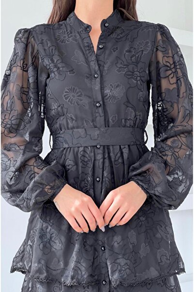 Afiş Butik Siyah Çiçek Desenli Fisto Kat Etekli Kuşaklı Uzun Elbise