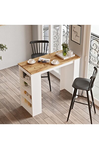 Yurudesign Style Bar Masası Mutfak Yemek Masası Atlantik Çam-beyaz St1-aw