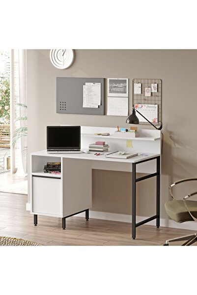 Yurudesign Çalışma Masası Raflı Dolaplı Metal Ayaklı Beyaz ON16-W