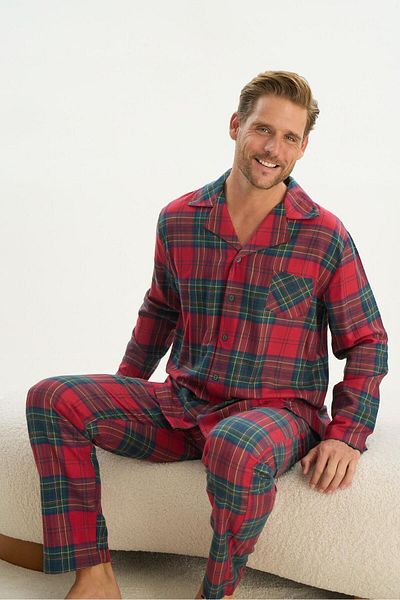 Sevim Men's Red Pajama Set - Long Sleeve, Shirt Collar, Buttoned Front C1T5N5O9