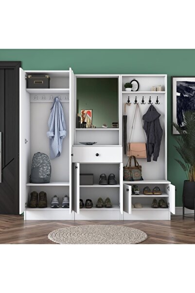 Rani Mobilya Rani P6 Modern Çekmeceli Aynalı Askılı Portmanto Ayakkabılık Vestiyer Beyaz M3