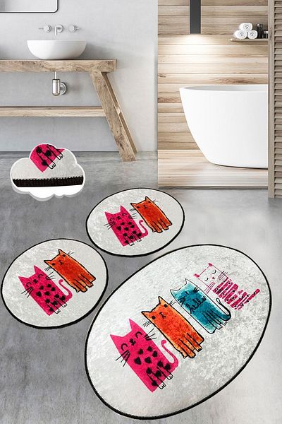 Chilai Home Baby Cats Σετ 3 Χαλιά Μπάνιου Αντιολισθητική Βάση Πλενόμενη Σετ Καθίσματος Τουαλέτας Djtbanyo