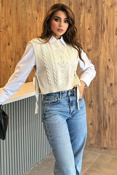 GÜLSELİ Knitwear Sweater - Cream Color, Side Tie