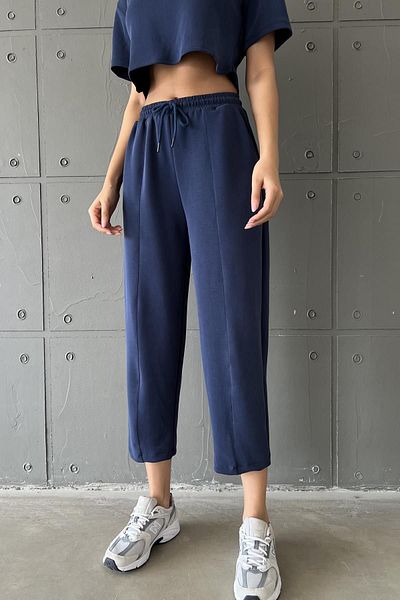 Domoda Navy Blue Ultra Soft, Carrot Cut Lace up Elastic Ankle Length Women's Modal Trousers @Malaga