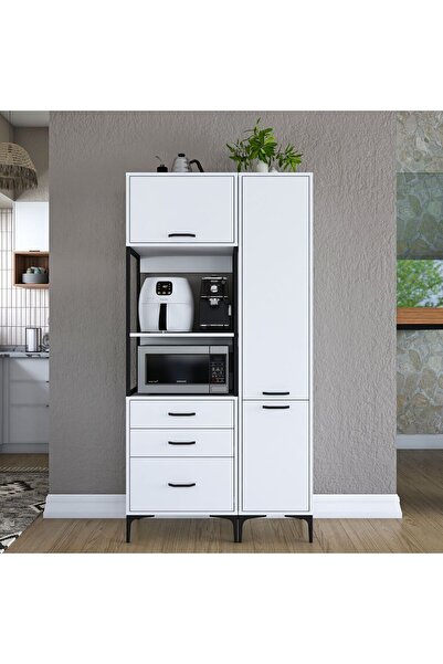 Rani Mobilya Rani JE143 Çok Amaçlı Dolap 3 Kapaklı 3 Çekmeceli Kiler Mutfak Dolabı Beyaz