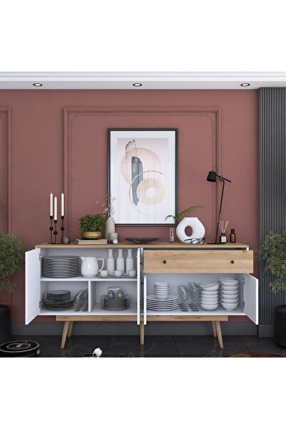 Rani Mobilya Rani Gd110 Modern Ayaklı Bölmeli Çekmeceli Kapaklı Konsol Beyaz - Sepet Ceviz