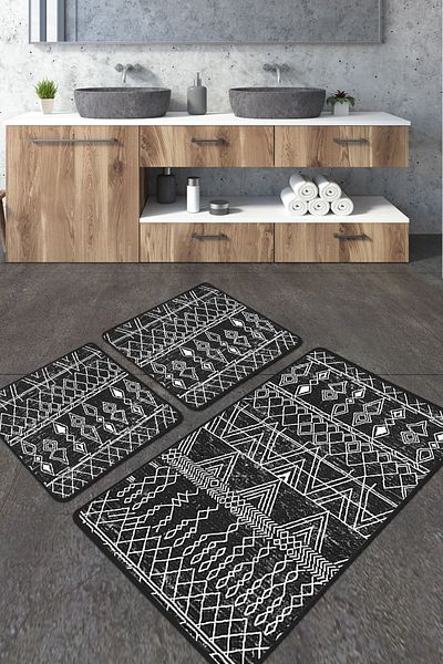 Chilai Home Set de covoare de baie Straordinario negru din 3 piese, covoraș de baie lavabil
