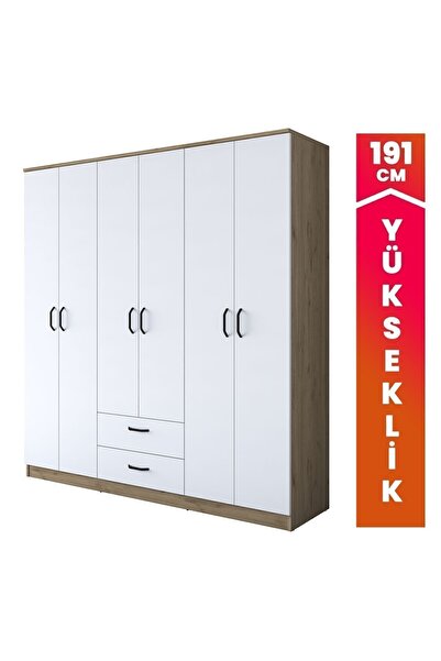 Rani Mobilya Rani Ba115 Geniş Gardırop Elbise Dolabı 6 Kapaklı 2 Çekmeceli 5 Raflı 3 Askılı Sepet Ceviz - Beyaz