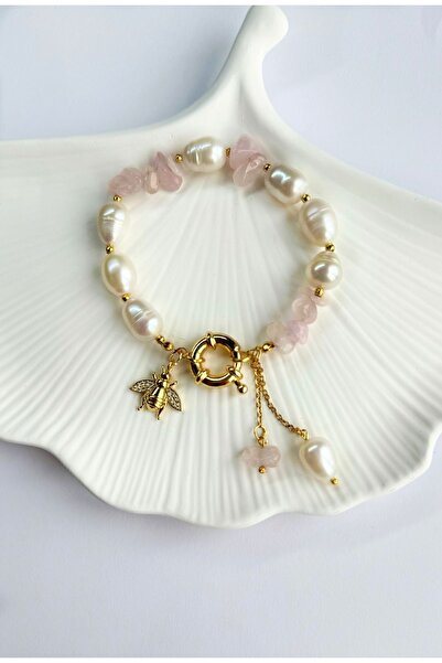 jewine studio Sertifikalı Gerçek İnci ve Pembe Kuvars Doğal Taşlı Zirkon Arı ...