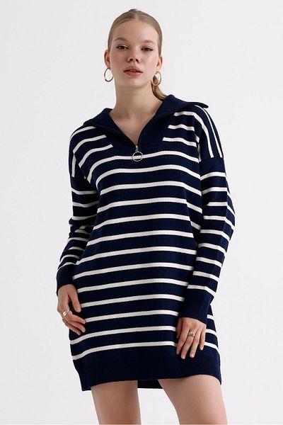 MD trend Zippered Collar Striped Oversize Knitwear Women's Dress Sweater
